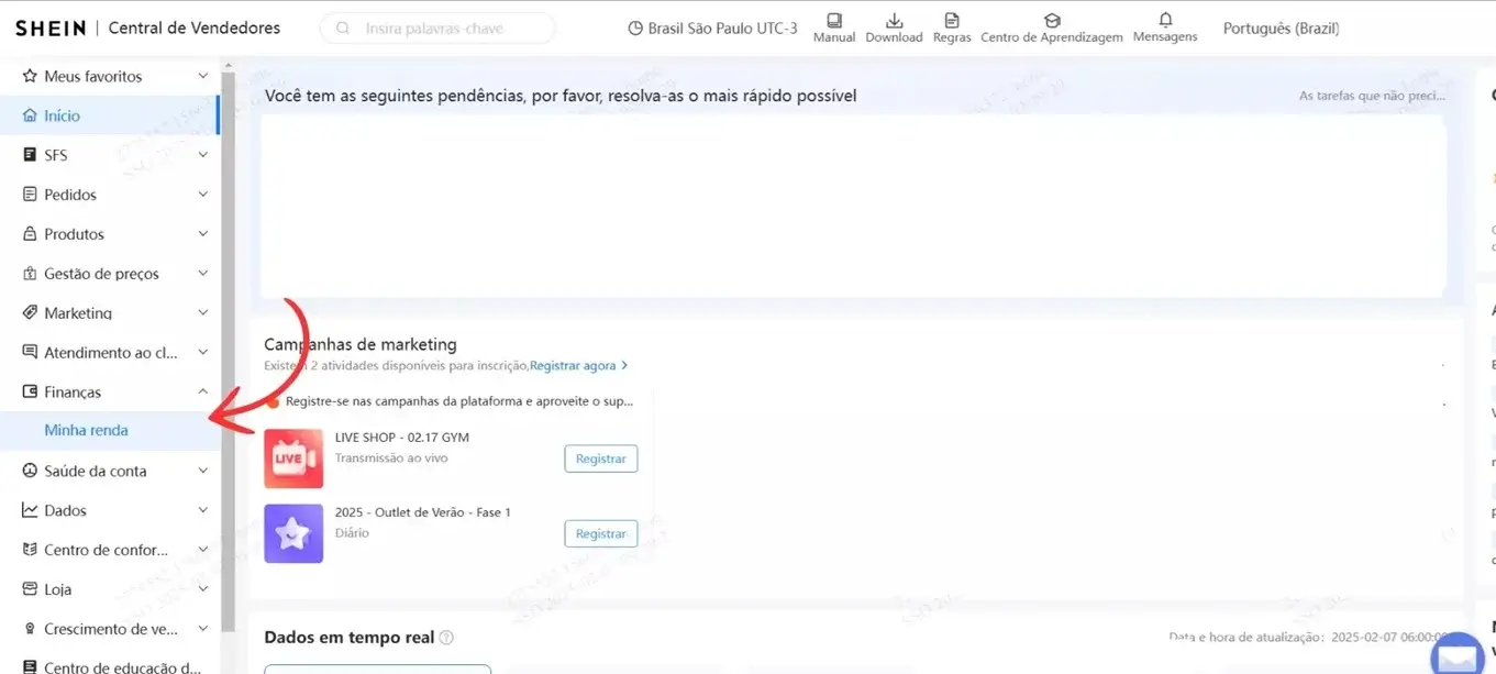 Painel Central do Vendedores Shein Passo 1