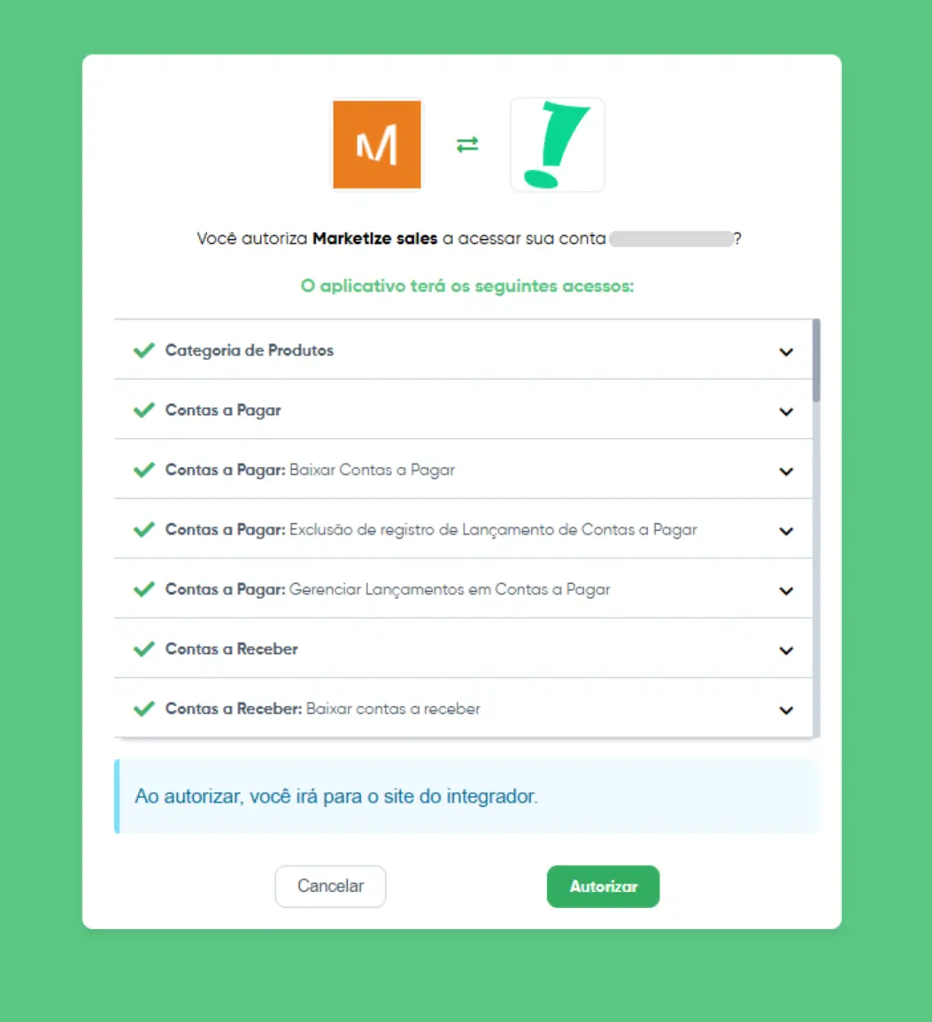 Tela de permissão de acesso do sistema Marketize
